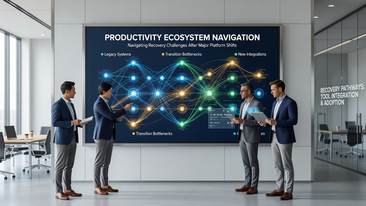 Team collaboration interface displaying cross-platform integration recovery steps and ecosystem mapping tools